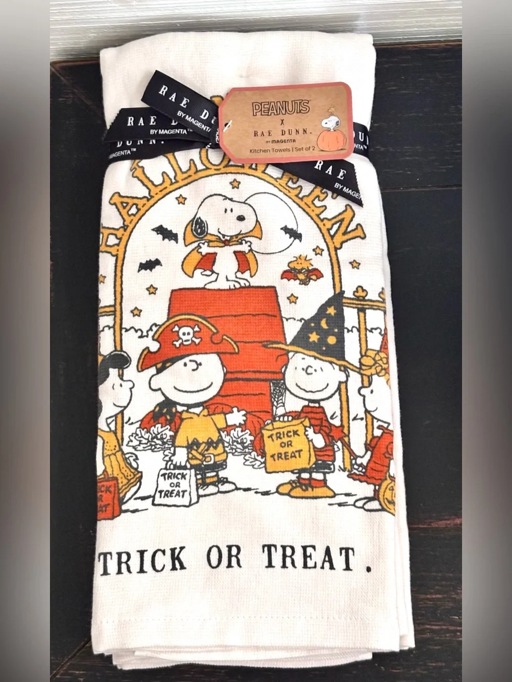 Peanuts x Rae Dunn TRICK OR TREAT Holiday Kitchen Towels Set Of 2 NEW